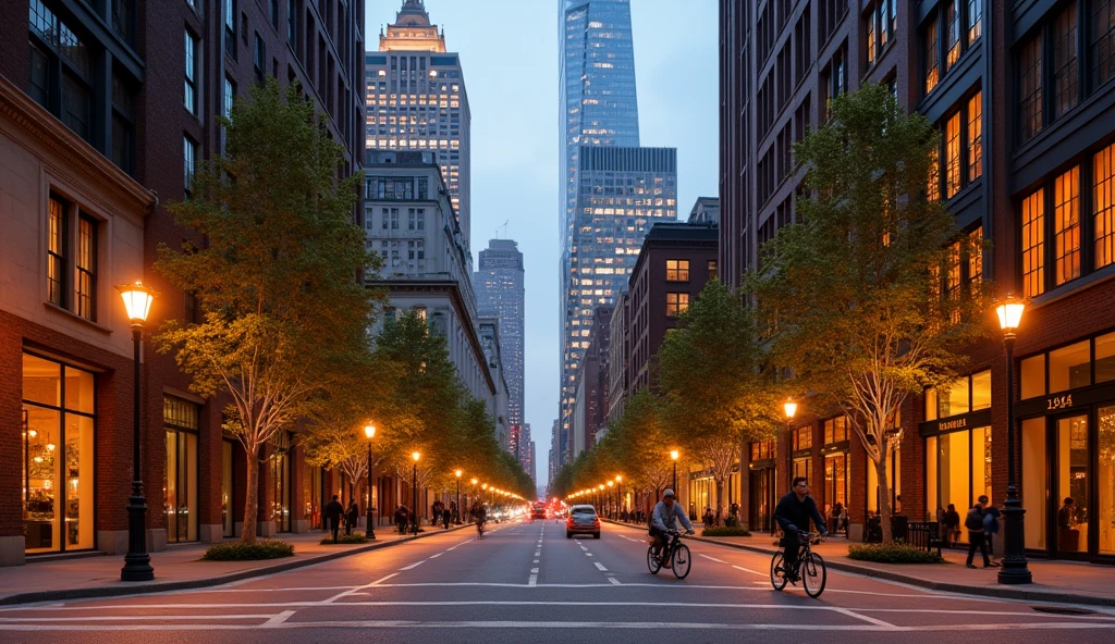A peaceful and realistic cityscape bathed in soft golden light at night.. the streets are quiet, only a few people walking on the sidewalk, and occasionally there are cyclists passing by. Elegant building, modern and historic,