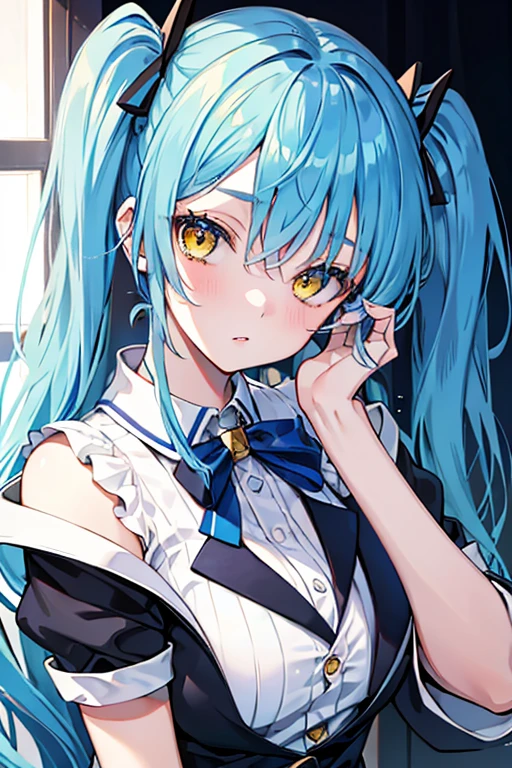 A beautiful girl with blue hair, twin tail, yellow eyes