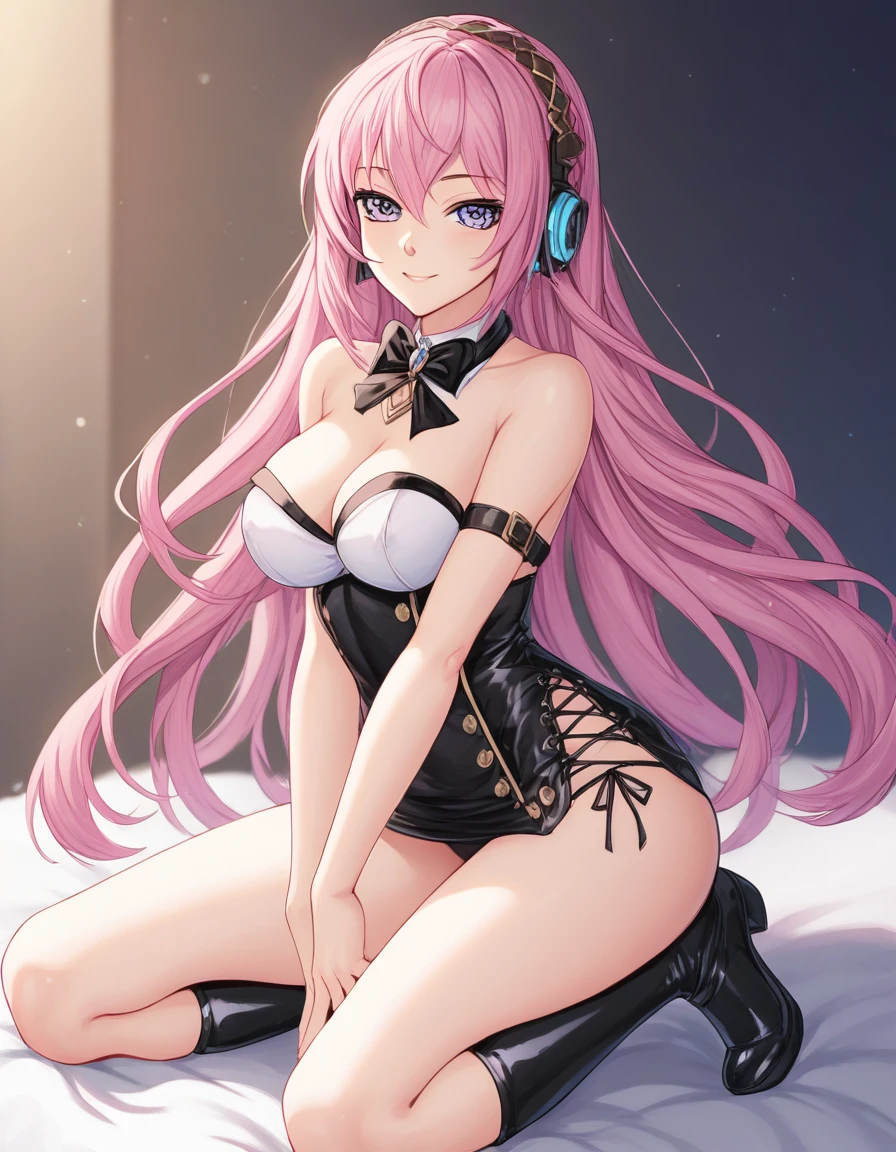 1 girla(cool, vocaloid, Luka Megurine, pink hair, long hair, straight hair, black headphone, sleeveless black short suit, side slit black skirt, black long socks, yellow long boots, light smile), kneeling