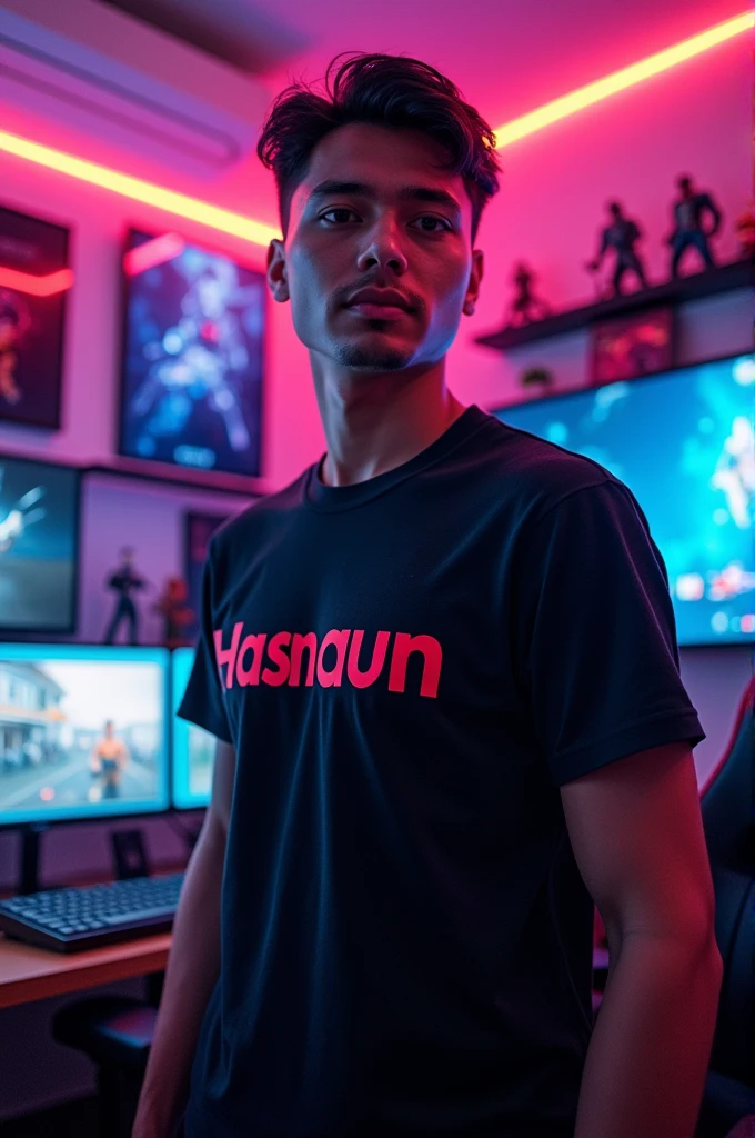 Gamer stand in gaming room logo of hasnaun in his shirt