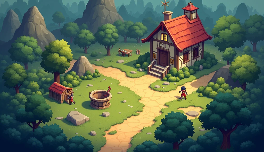 Design a game scene map,Contains character plot
