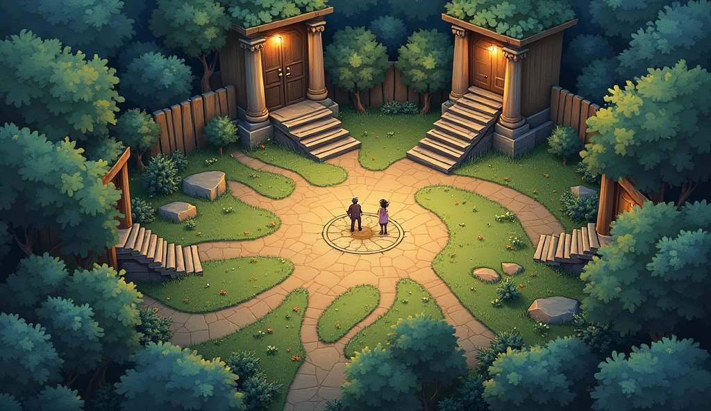 Design a game scene map，Contains character plot