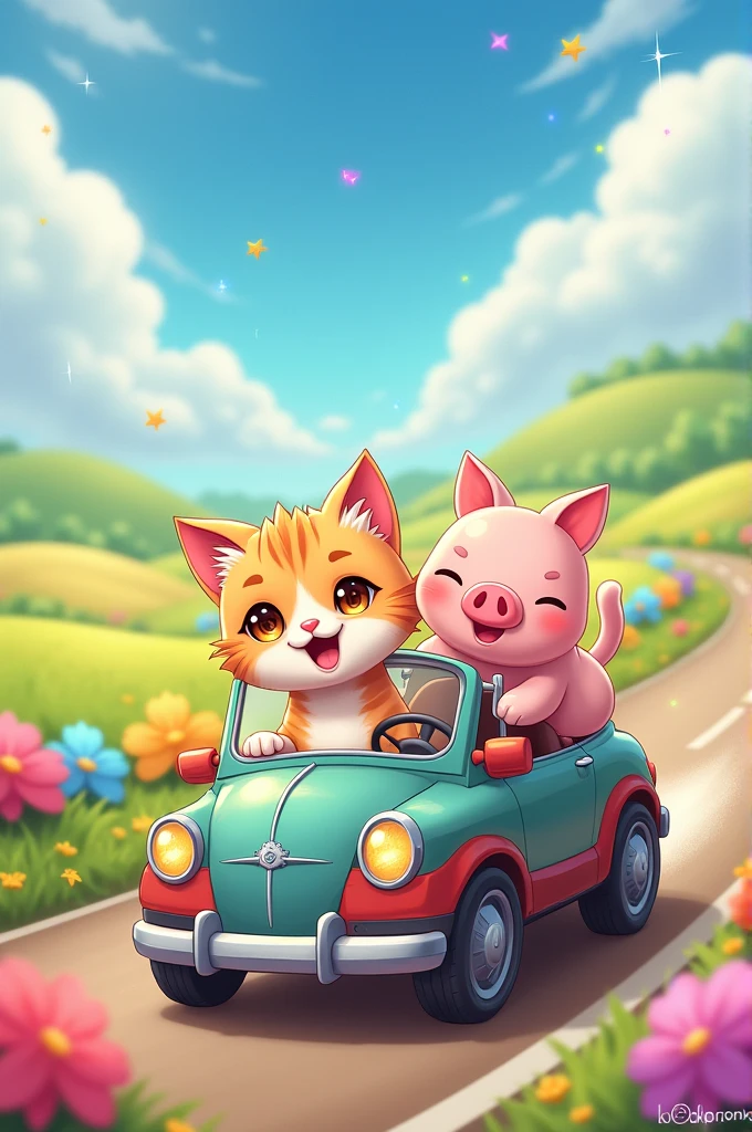 cute anime A cat and a pig are riding in a car together Runrun Sparkling Exciting
