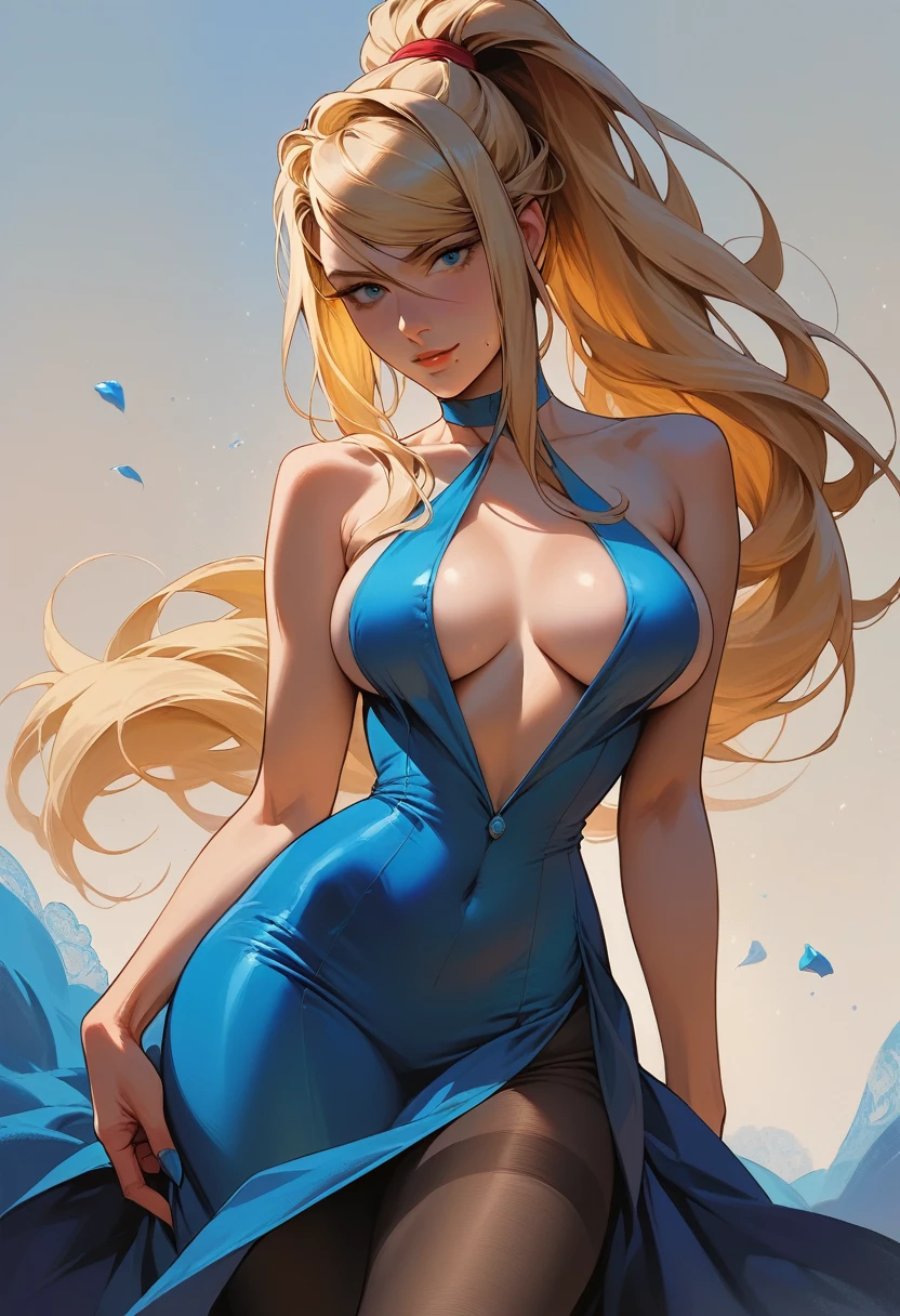 ((masterpiece)), 1girl,solo,long hair,breasts,looking at viewer,,blonde hair, realistic, large breasts, big ass, samus aran, eyes blue (detailed:1.8), dramatic lighting, pretty girl, source_anime, slingshot dress, blue dress, ponytail, tight dress, cute smirk, sexy, sexy pose, pantyhose