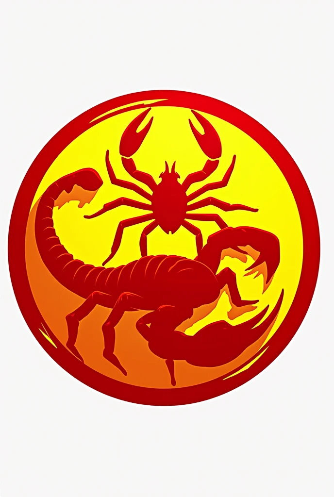 Logo image ,round-cropped , red and yellow , with shadows of three animals a snake a spider and a scorpion 