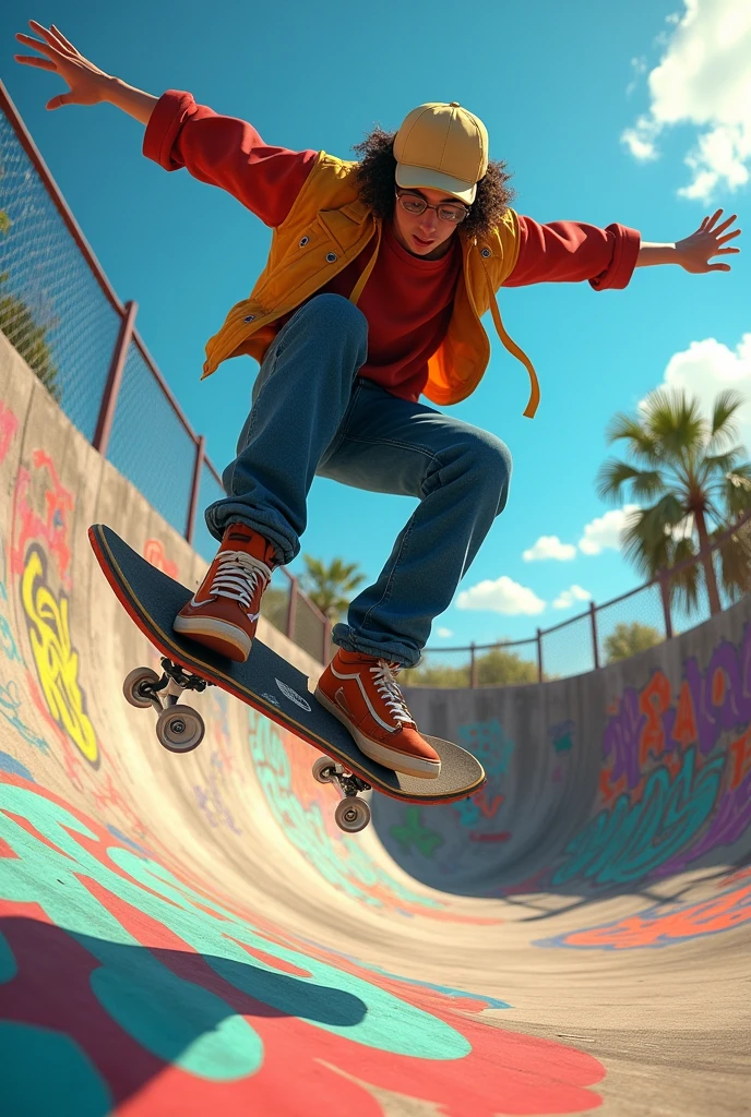 a skateboarder performing an incredible trick in a detailed urban skatepark,dynamic and nostalgic scene inspired by Tony Hawk's Pro Skater 2,intricate details,ultra-detailed CG 8k wallpaper,best quality,masterpiece,finest illustration,perfect shadows,realistic skatepark lighting,vibrant colors,graffiti-inspired textures