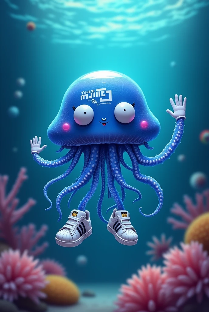 Please draw a cute dark blue jellyfish. They are said to have many tentacles, some of which are legs with white Superstar sneakers and the others are said to be hands with white gloves. The jellyfish should wear a white starting number. On the front it says Team VAIVA and on the back his name: Which 007?. The jellyfish looks friendly and waves with a tentacle. 