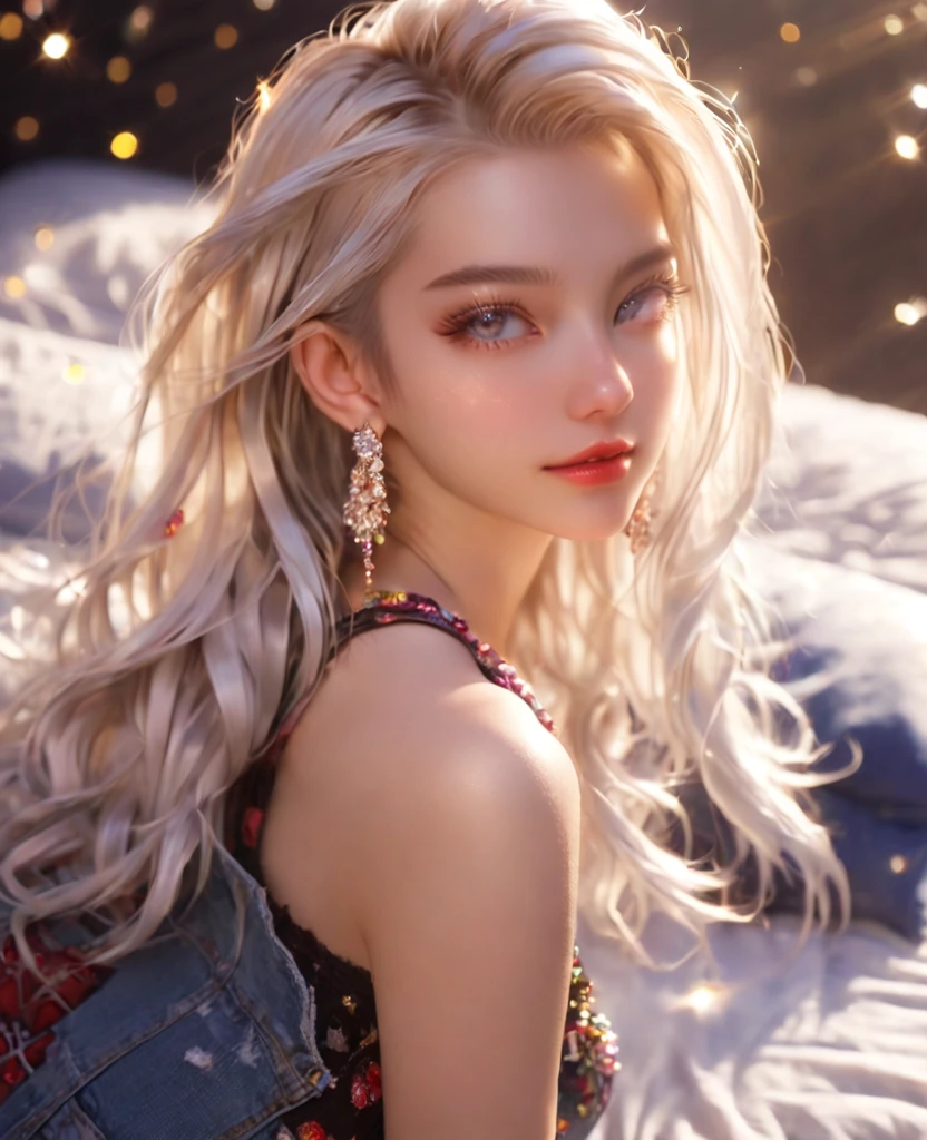 8K，an extremely delicate and beautiful,Beautiful and realistic skin,Shiny jewel-like earrings,Bedhead,like glitter white hair,beautiful eyes,tanktop,jeans,asian cute girl,full body