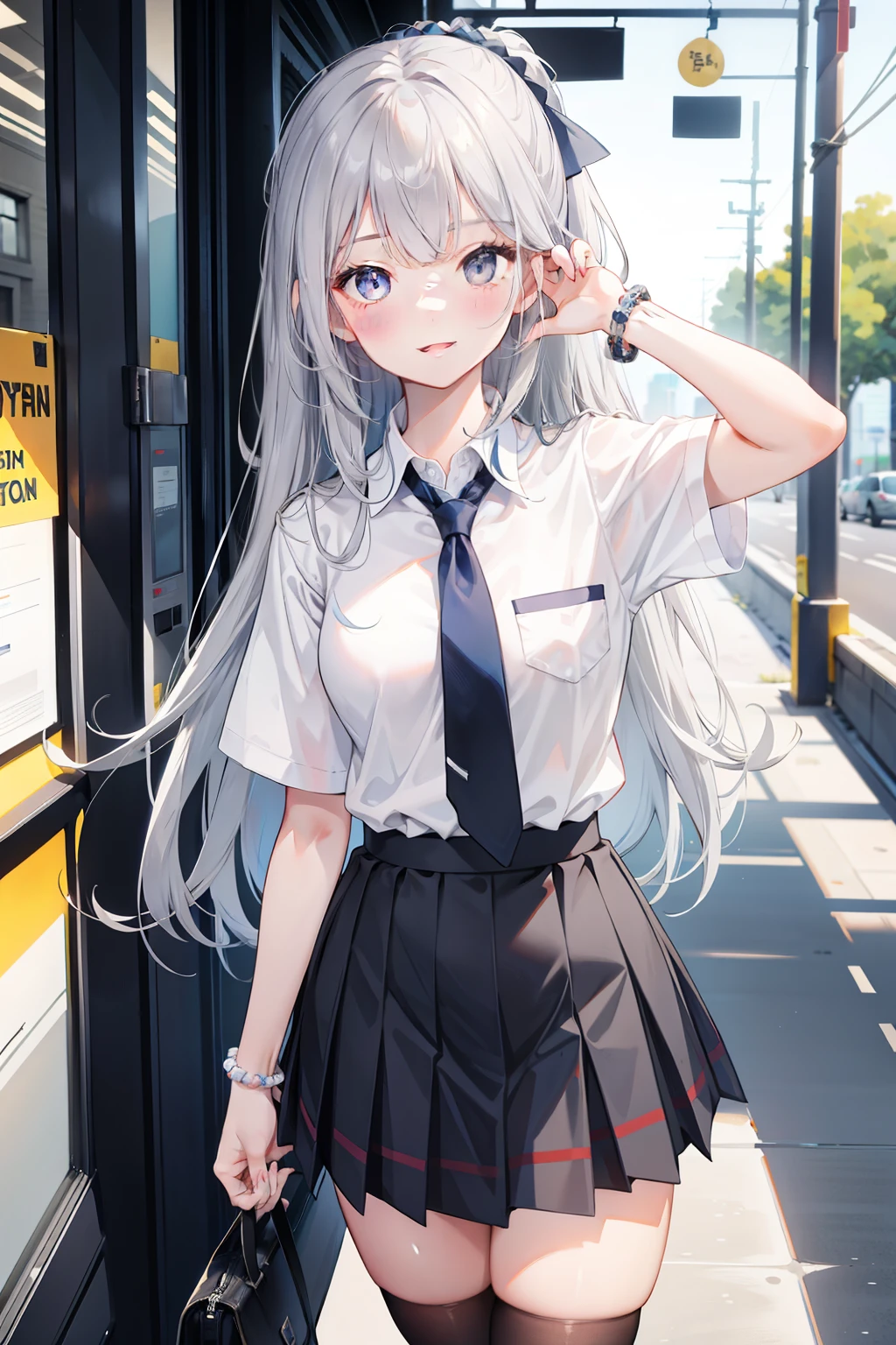 1girl,  long hair, grey eyes, long grey hair, loose necktie,  school uniform, white collared shirt, (blue skirt:1.1), pleated skirt, plaid skirt, bead bracelet, wrist scrunchie, long fingernails, open mouth, smile, black socks, brown footwear,, (masterpiece:1.2), highres, best quality, 8k, very clear,