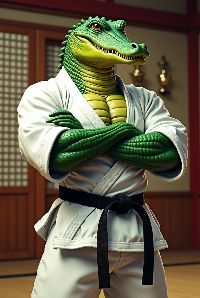 Green crocodile, wearing a judo outfit, with muscles and arms crossed Looks fierce and cool.