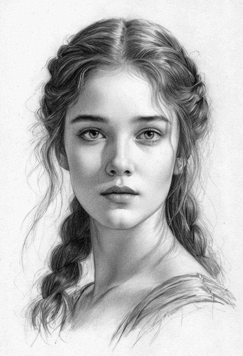 A delicate, graphite sketch portrays, a nude young beautiful Olivia Hussey look in Romeo & Juliet, medium firm breasts, standing bare feet without background, her features rendered in subtle shading and precise lines. The framing is tight, focusing attention on the subject's serene face. Soft, feathery strokes convey the gentle texture of her hair,