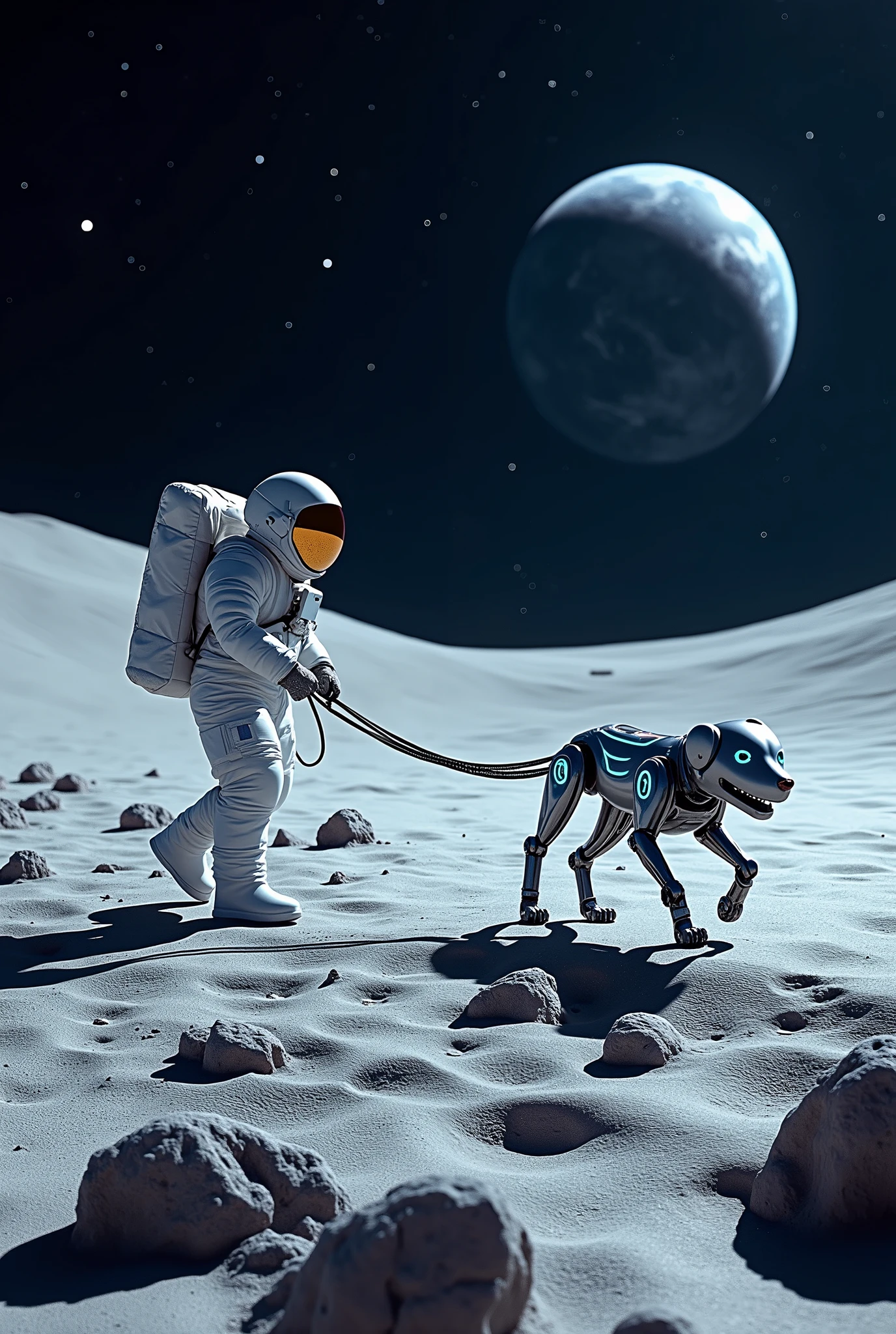 an astronaut walking on the moon, holding a leash leading a robotic dog, with the dog trotting happily on the lunar terrain.