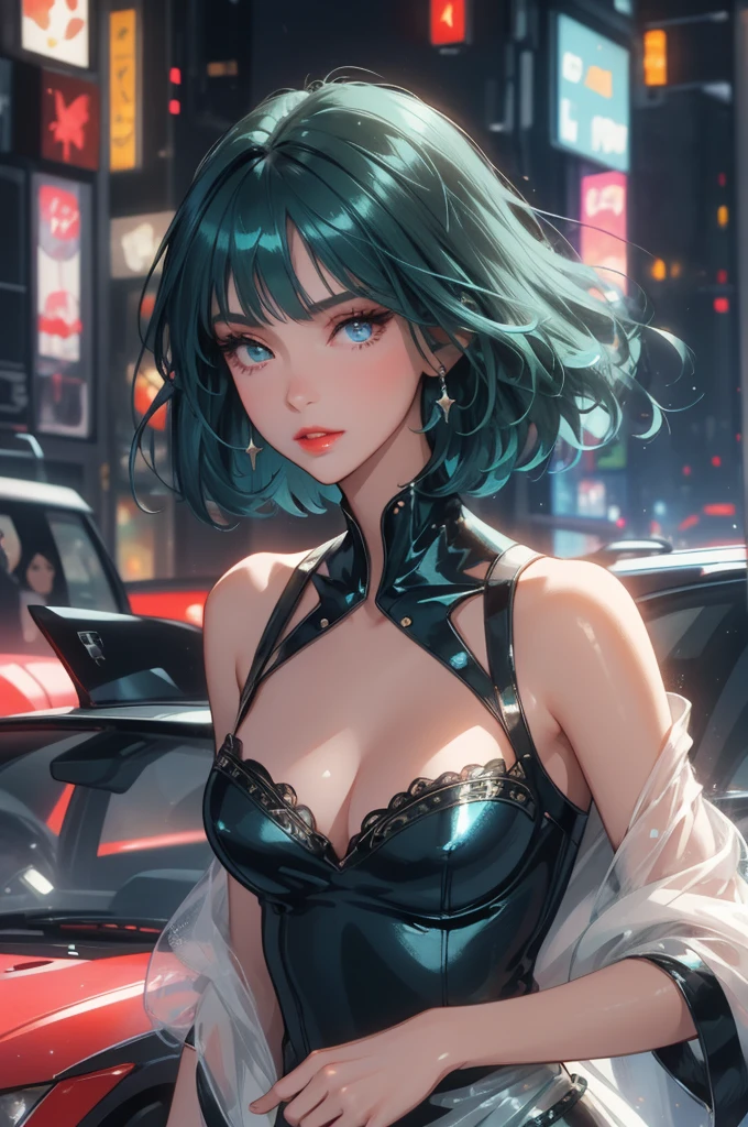1girl,a beautiful fashion model ,(masterpiece, detailed background, best quality),short and shiny hair, blue green hair, hair with highlights, bangs, smirk,juicy lips,red lips, calmart, lingerie, stripping, elegant makeup, blue eyes, full body shot, (shiny skin), cyberpunk, sci fi, boa, extravagant jewelry, cocky expression, covered in jewelry, fancy, white dress