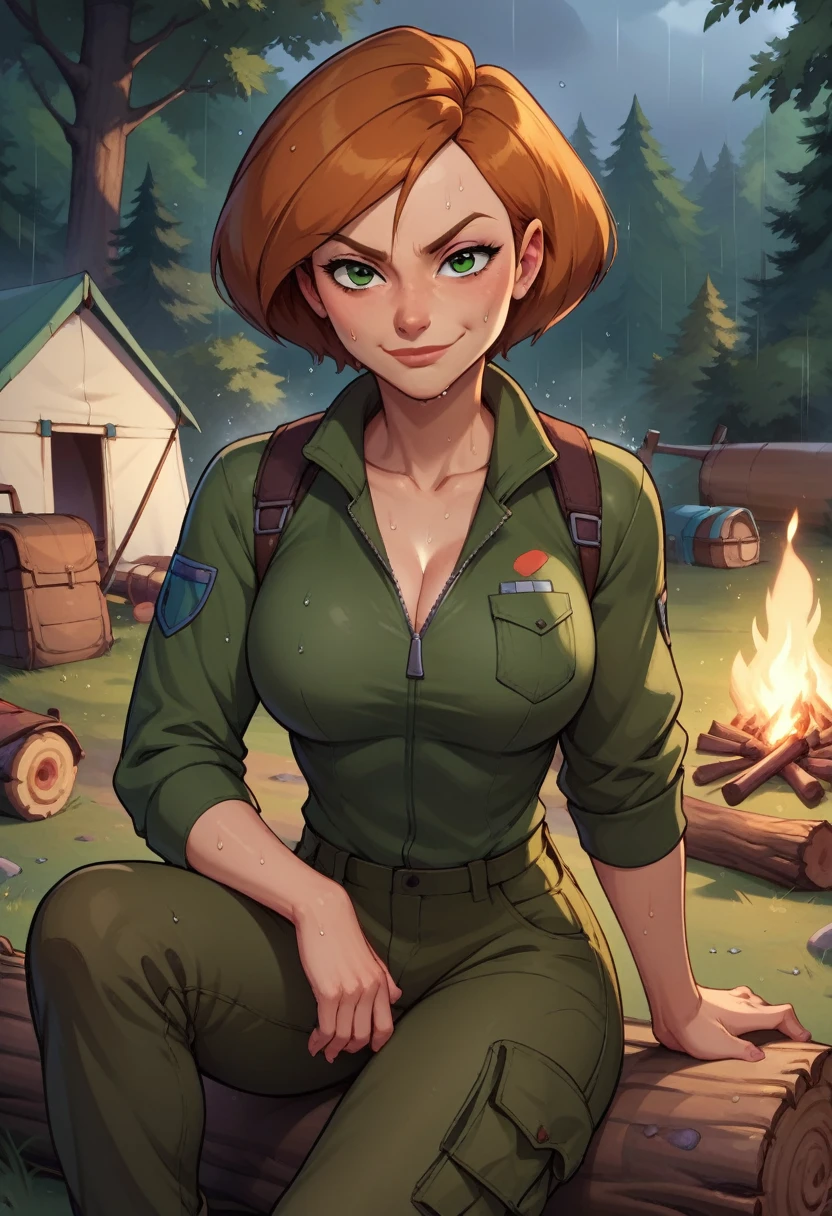 score_9, score_8_up, score_7_up, score_6_up, BREAK Ann possible, wearing hiking outfit, cargo pants, big breasts, fully clothed evil smirk, sweating, in a forest, looking at viewer, short hair, raining, setting up a tent, campfire, dark clouds, unzipping, sitting on a log