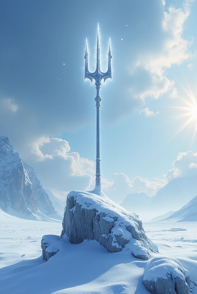 masterpiece、Highest quality、Very detailed、Ultra-high resolution、Snowfield、Cold Sky、Trident in a rock、Frozen Aura