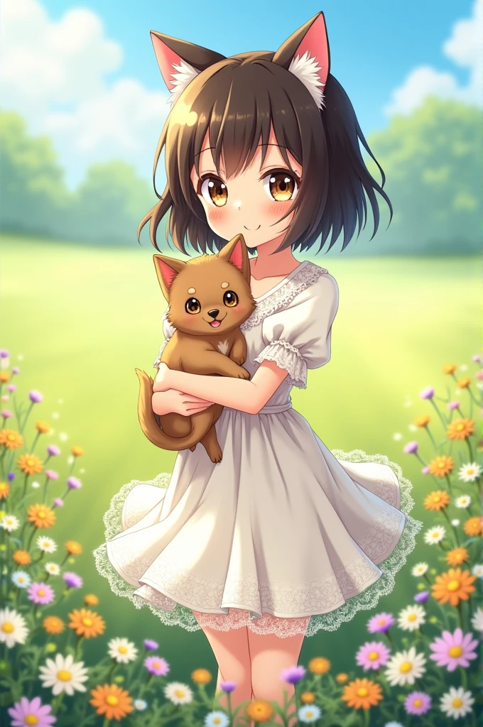 An adorable anime-style girl with cat ears, large brown eyes, and a sweet, gentle expression, holding a small dog in her arms. The girl has short, dark hair and is wearing a white dress with lace details. She is standing in a field of flowers, surrounded by greenery and colorful blossoms, with a soft and warm atmosphere. The dog in her arms is small, with similar large eyes and a happy expression, matching the girl's gentle demeanor."