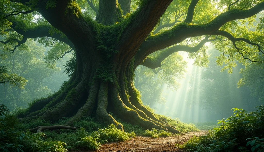 A gigantic, ancient tree standing tall in the middle of the forest, with sprawling branches and deep roots.