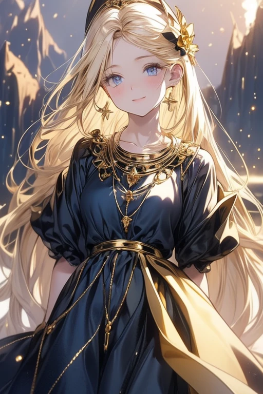 lamplight, beautiful woman, gold eyes, (Detailed eyes, The eyes are bright), Long blonde hair, pale-skinned, earrings, necklace, medium skin, dark blue dress, Meticulous gown, golden accessories on clothes, blue flowers as hair accessories, (perfect anatomia), Highqualityshadow, natural lighting, (White highlights),overcast day, (starrysky), (shining)