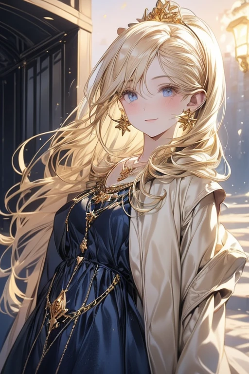 lamplight, beautiful woman, gold eyes, (Detailed eyes, The eyes are bright), Long blonde hair, pale-skinned, earrings, necklace, medium skin, dark blue dress, Meticulous gown, golden accessories on clothes, blue flowers as hair accessories, (perfect anatomia), Highqualityshadow, natural lighting, (White highlights),overcast day, (starrysky), (shining)