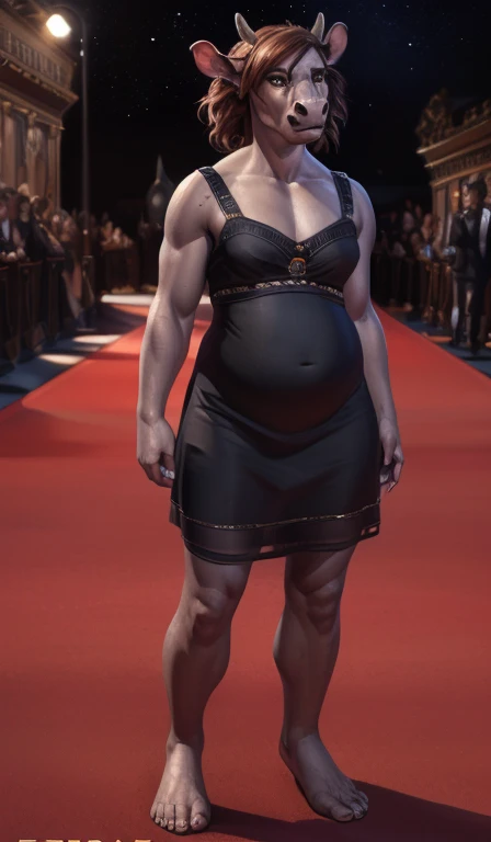 ((solo)), Emma Watson, medium hair, brown hair, female, (grey skin, rhinoceros ears), ( black dress, fashion model), (overweight, belly), by personalami, by pixelsketcher, by taran fiddler, by honovy, ((red carpet, detailed background)), shocked, surprised, musclegut, horn