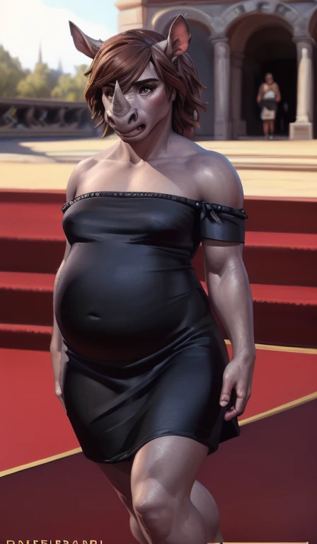 ((solo)), Emma Watson, medium hair, brown hair, female, (grey skin, rhinoceros ears), ( black dress, fashion model), (overweight, belly), by personalami, by pixelsketcher, by taran fiddler, by honovy, ((red carpet, detailed background)), shocked, surprised, musclegut, horn