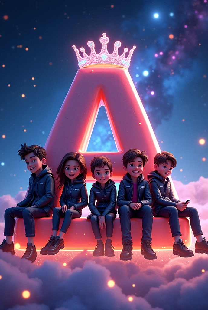 3D Animated of  four boys and two girls seating in text "ADVENTURER" with Crown . Wearing black and white jacket . the background is outer space