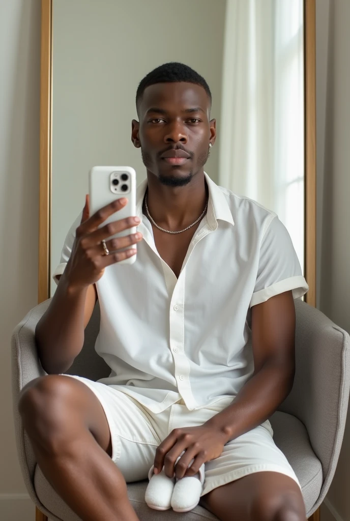 best qualityer:1.4), (ultra high resolution:1.2), (photorrealistic:1.4), (8k, CRU photo:1.2), a thin young man of 20 years old, skin black, with a smooth, beardless face, corte de cabelo buzzcut, is wearing a white short sleeve button down shirt, he is wearing white shorts. He is wearing a white cloud slipper. is wearing a thin silver chain, is sitting on a chair in front of the mirror to take a photo. The cell phone is an iPhone with a white case. 