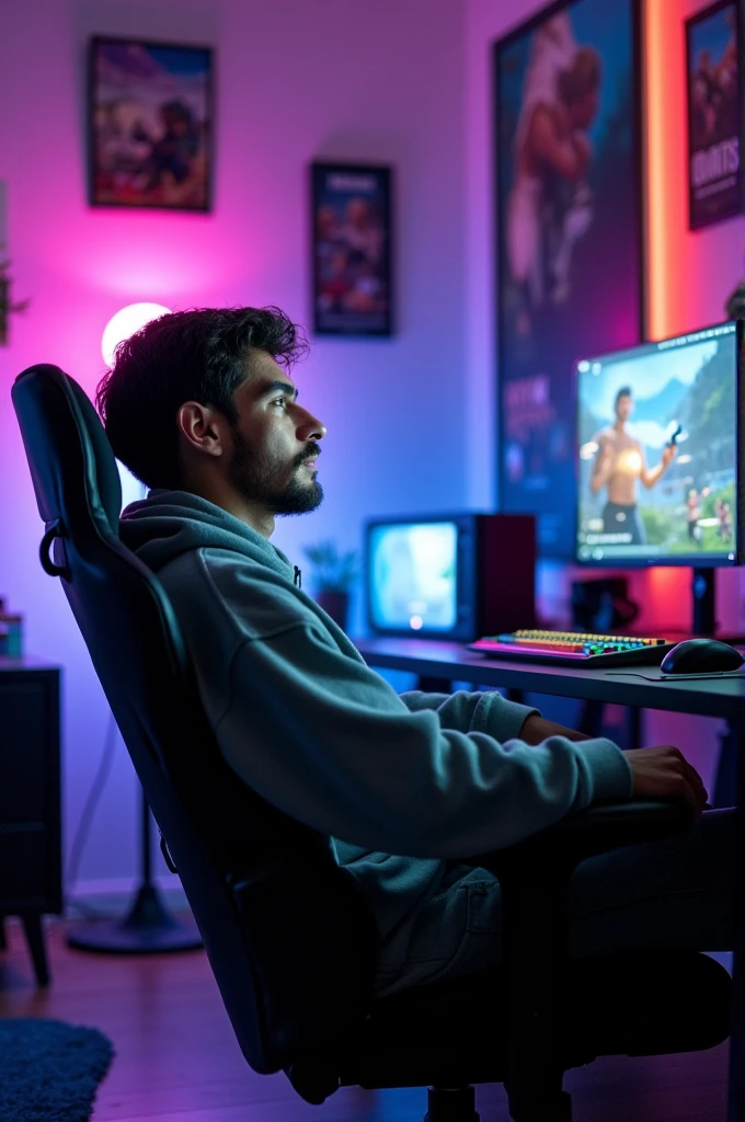 24 year man with huddi sit on gaming room and gaming chair