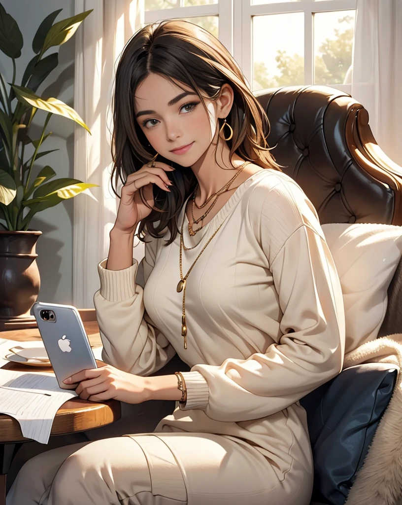 The photo captures a close-up of a woman sitting indoors, focused on her smartphone. She has short, dark hair styled in a casual, slightly tousled manner. She is smiling warmly, with her gaze directed downwards at the phone in her hands, indicating she might be reading something enjoyable or engaging in a pleasant conversation.

The woman is dressed in a loose, cream-colored sweater with a wide V-neckline. The sweater's fabric appears soft and comfortable, and its relaxed fit is emphasized by the slightly puffed sleeves. She is also wearing light blue jeans that fit snugly, complementing the casual yet stylish look.

Around her neck, she wears a delicate gold necklace with a small, simple pendant, adding a subtle touch of elegance to her outfit. On her left hand, she has a thin gold ring on her ring finger, and her right hand is holding the smartphone securely.

The background is minimalistic, featuring a soft white or light-colored wall, creating a clean and bright atmosphere. The lighting is natural, likely coming from a window on the left side of the image, as evidenced by the gentle shadows and the soft, even illumination on her face. The overall mood of the photo is relaxed and cheerful, with the woman appearing content and engaged in the moment.