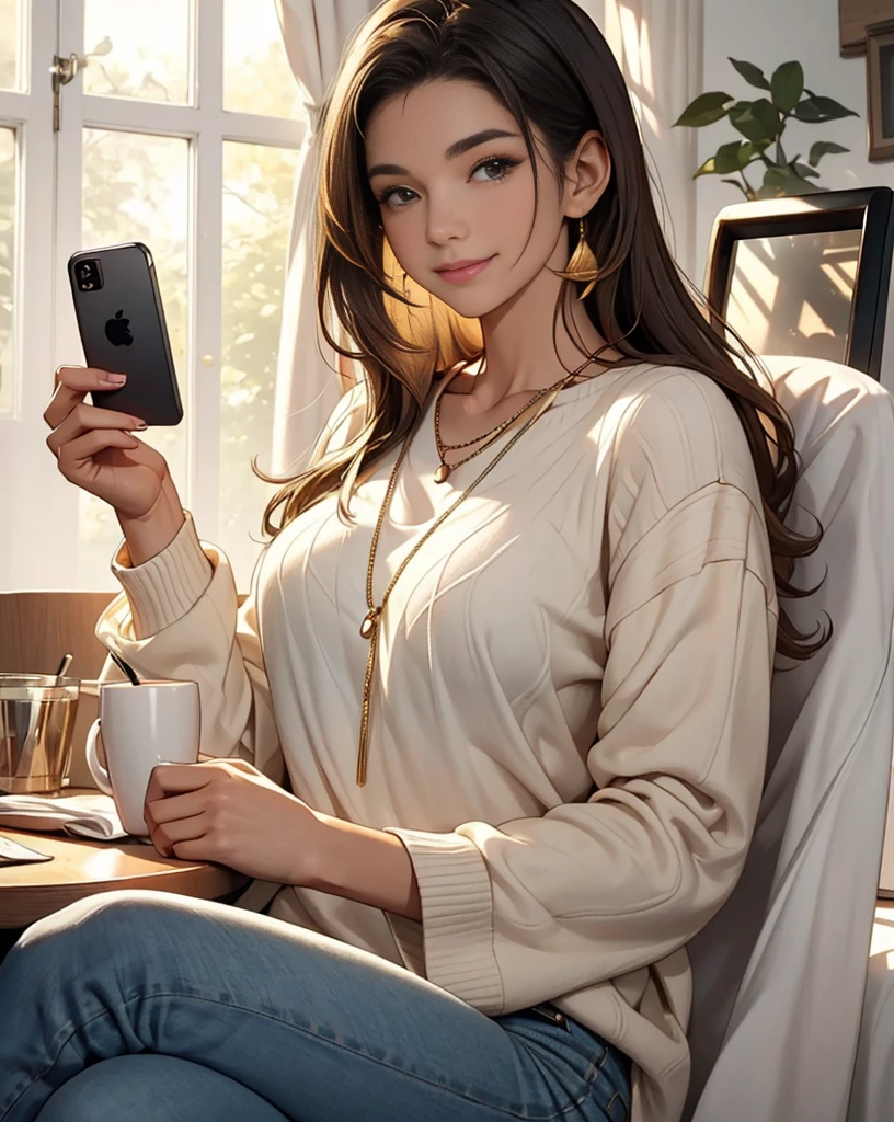 The photo captures a close-up of a woman sitting indoors, focused on her smartphone. She has short, dark hair styled in a casual, slightly tousled manner. She is smiling warmly, with her gaze directed downwards at the phone in her hands, indicating she might be reading something enjoyable or engaging in a pleasant conversation.
The woman is dressed in a loose, cream-colored sweater with a wide V-neckline. The sweater's fabric appears soft and comfortable, and its relaxed fit is emphasized by the slightly puffed sleeves. She is also wearing light blue jeans that fit snugly, complementing the casual yet stylish look.
Around her neck, she wears a delicate gold necklace with a small, simple pendant, adding a subtle touch of elegance to her outfit. On her left hand, she has a thin gold ring on her ring finger, and her right hand is holding the smartphone securely.
The background is minimalistic, featuring a soft white or light-colored wall, creating a clean and bright atmosphere. The lighting is natural, likely coming from a window on the left side of the image, as evidenced by the gentle shadows and the soft, even illumination on her face. The overall mood of the photo is relaxed and cheerful, with the woman appearing content and engaged in the moment.