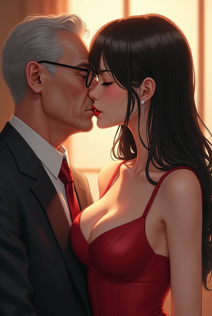 korean, A high school girl wearing sexy dress, and glasses, kissing a old man, red lips girl, girl wearing red bra, closed eyes, detailed horny face, huge breast