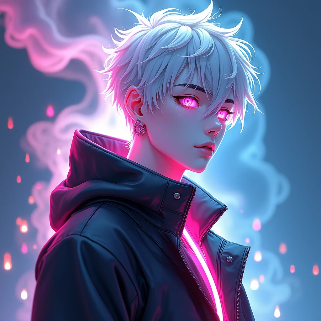 Create a 3D illustration of a 25 year old boy pure devine White skin, wearing a Black jacket with glowing color, smoke artistically forming a frame edit Photoshop Computer named, anime style, detailed face, focus on face, 8K