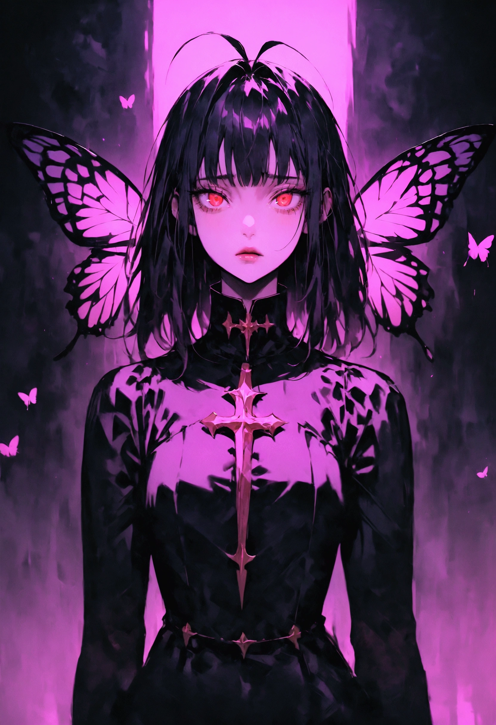 (masterpiece), highest quality, Expressive eyes, Perfect Face, female, black Hair, red Eyes, Antenna's, knight garments, Large butterfly wings, Portraiture, good looking, Apathetic and tired, full body visible, ((entire body shot)) MUSTBE
