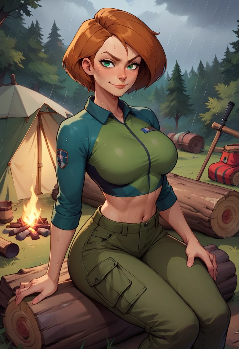score_9, score_8_up, score_7_up, score_6_up, BREAK Ann possible, wearing hiking outfit, cargo pants, big breasts, fully clothed evil smirk, sweating, in a forest, looking at viewer, short hair, raining, setting up a tent, campfire, dark clouds, taking clothes off, sitting on a log