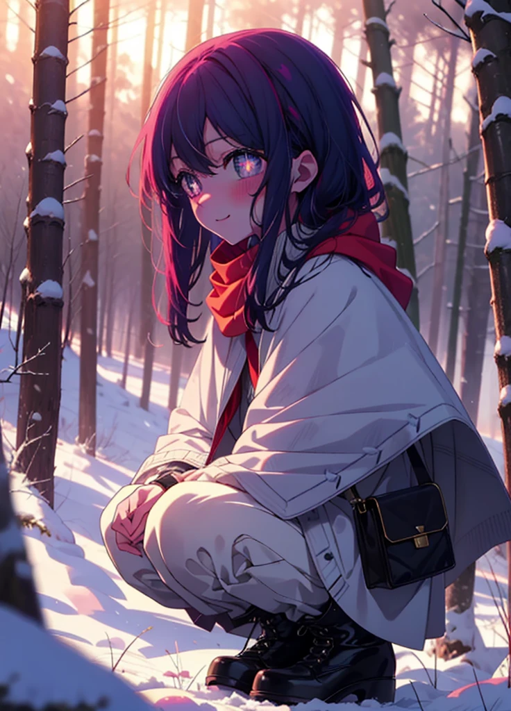 aihoshino, Ai Hoshino, Long Hair, bangs, (Purple eyes:1.1), Purple Hair, (Symbol-shaped pupil:1.5), smile,,smile,blush,white breath,
Open your mouth,snow,Ground bonfire, Outdoor, boots, snowing, From the side, wood, suitcase, Cape, Blurred, , forest, White handbag, nature, Squat, Mouth closed, Cape, winter, Written boundary depth, Black shoes, red Cape break looking at viewer, Upper Body, whole body, break Outdoor, forest, nature, break (masterpiece:1.2), Highest quality, High resolution, unity 8k wallpaper, (shape:0.8), (Beautiful and beautiful eyes:1.6), Highly detailed face, Perfect lighting, Highly detailed CG, (Perfect hands, Perfect Anatomy),