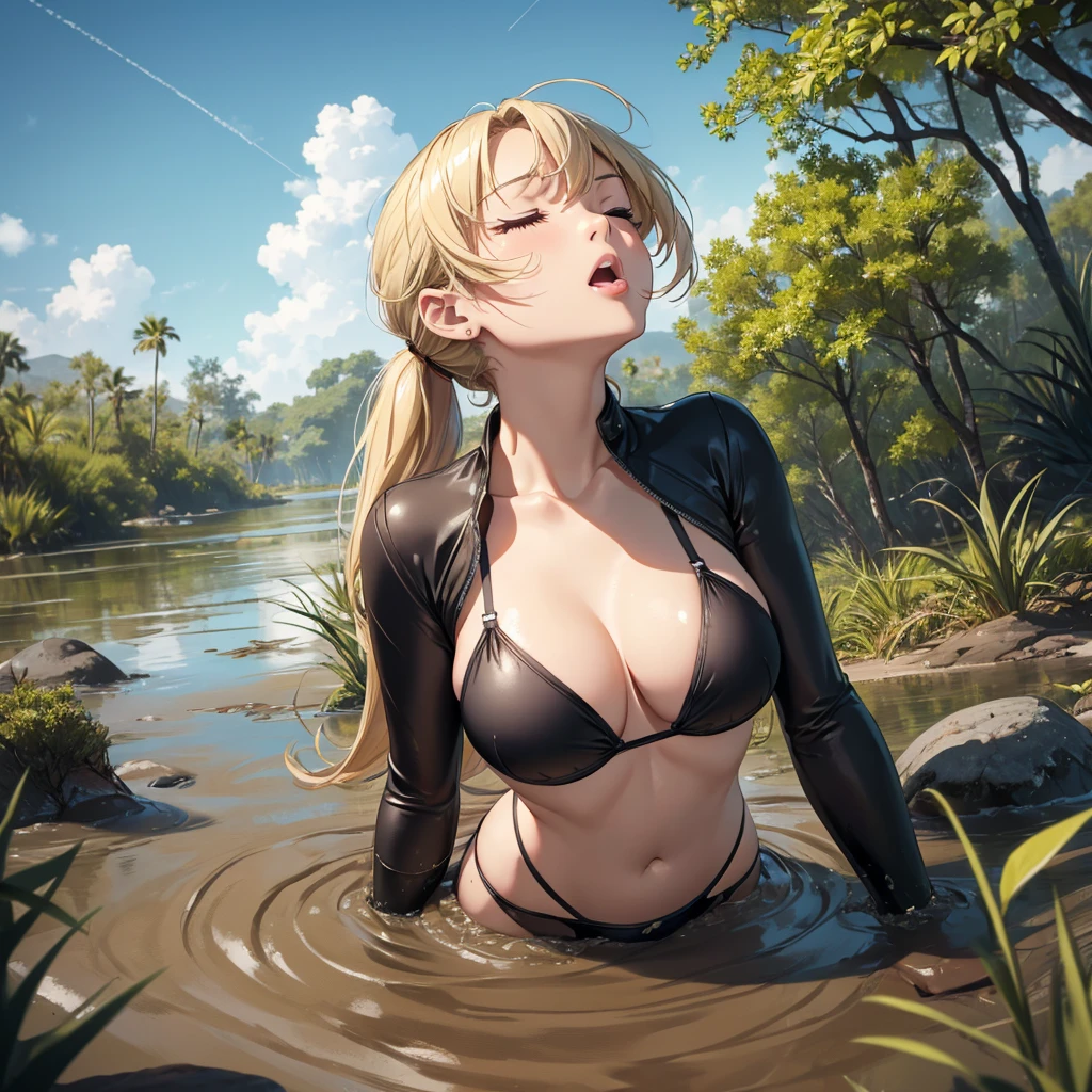 1girl, solo:1.5, masterpiece, best quality, high res, highly detailed, (illustration), beautiful detailed eyes, yuigahama yui, blonde hair ponytail, glossy lips, light makeup, orgasm, (looking up to the sky:1.5), (mouth open:1.2), intimate moment, black string bikini, cleavage, (quicksand:1.4), (submerged up to her torso), (from side:1.4), bog, swamp, grass, trees, (eyes closed:1.3), gasping expression,