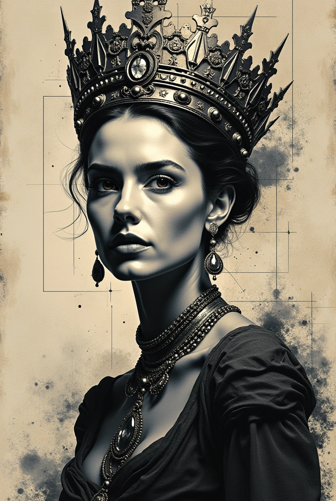 A minimalist portrait of a mysterious queen in a modern style, painted by a famous contemporary artist like Banksy. She wears a carved crown with fine and powerful details, while her facial expression is filled with wisdom and mystery. The background is composed of abstract geometric patterns that emphasise its aura of majesty and power.