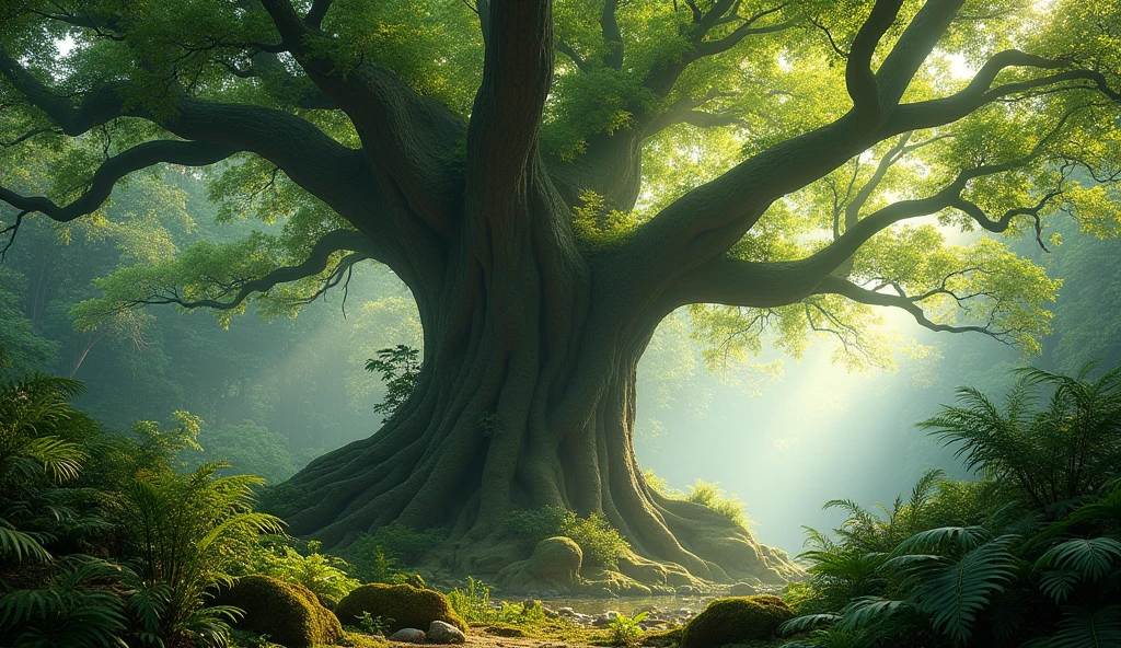 A gigantic, ancient tree standing tall in the middle of the forest, with sprawling branches and deep roots.