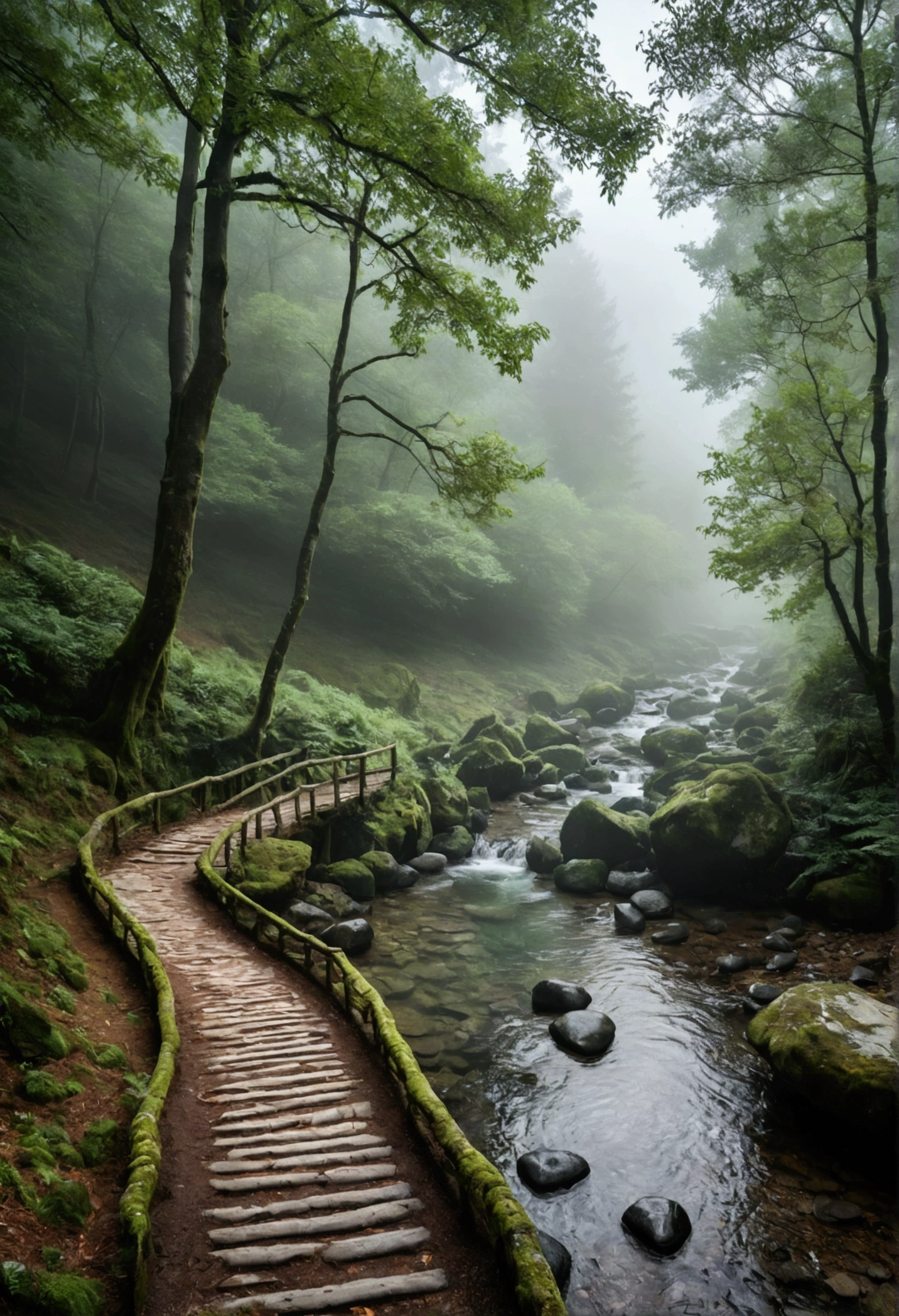 Mountain stream in primeval forest,Clouds and mist,Horizontal shot on an ancient stone path with guardrails,The water is clear and you can see many small pebbles,Very fresh and natural,Emerald green, clear gray tone,The Rule of Thirds,Maximum resolution,All the details can be seen clearly,4K