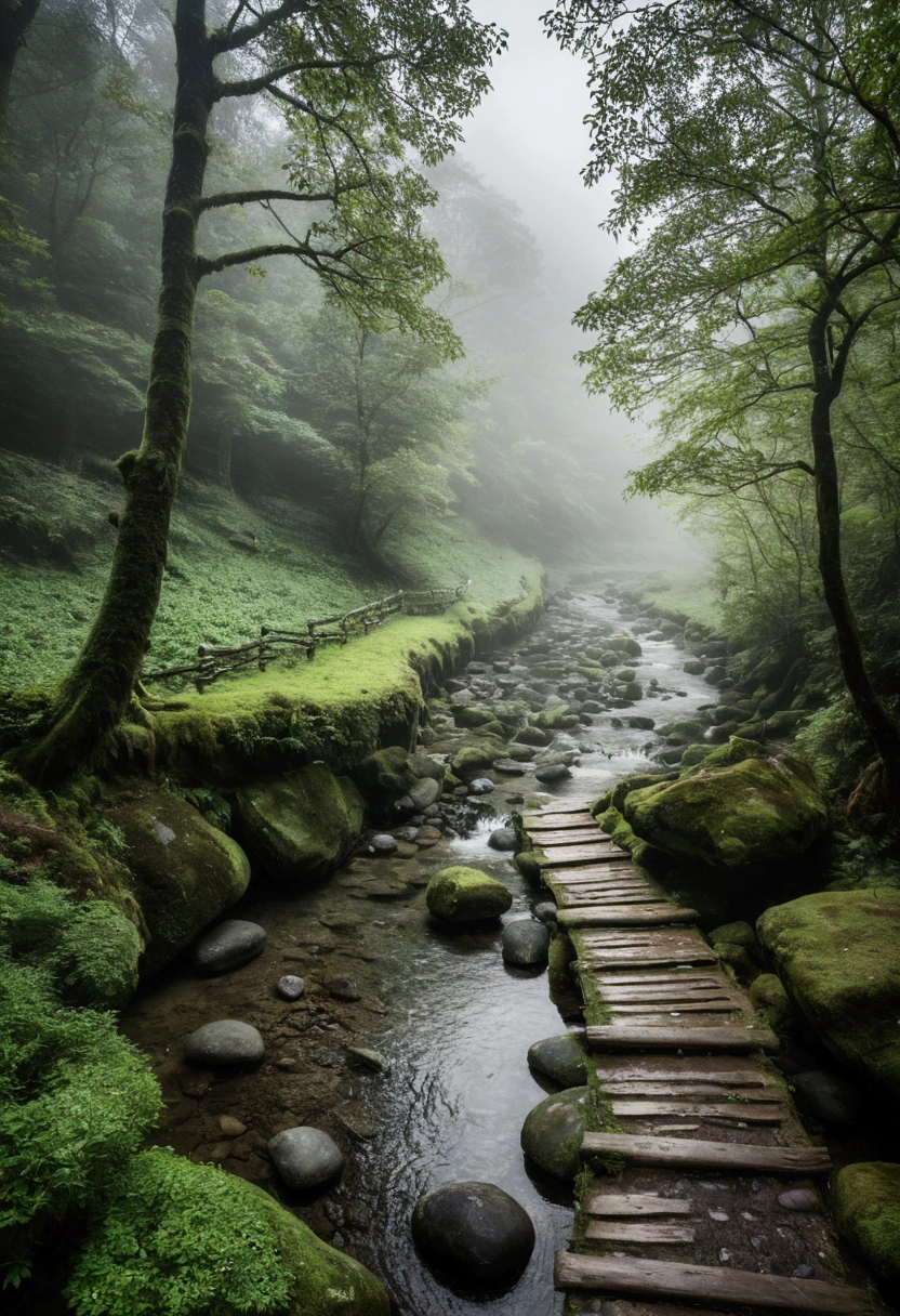 Mountain stream in primeval forest,Clouds and mist,Horizontal shot on an ancient stone path with guardrails,The water is clear and you can see many small pebbles,Very fresh and natural,Emerald green, clear gray tone,The Rule of Thirds,Maximum resolution,All the details can be seen clearly,4K