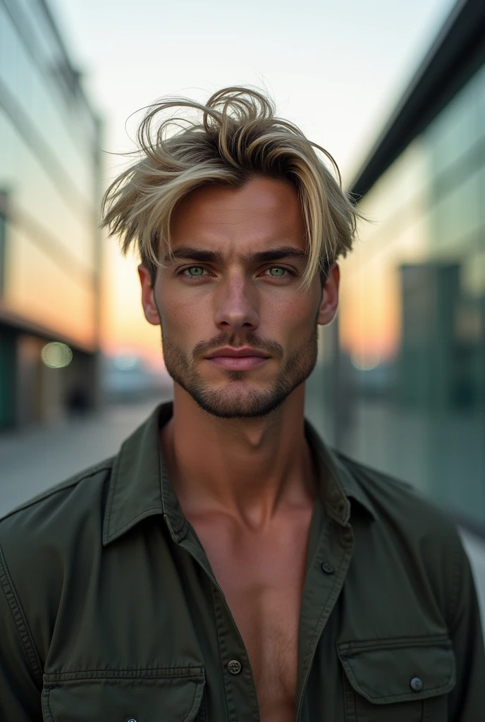 handsome male model blond hair green eye hair messy