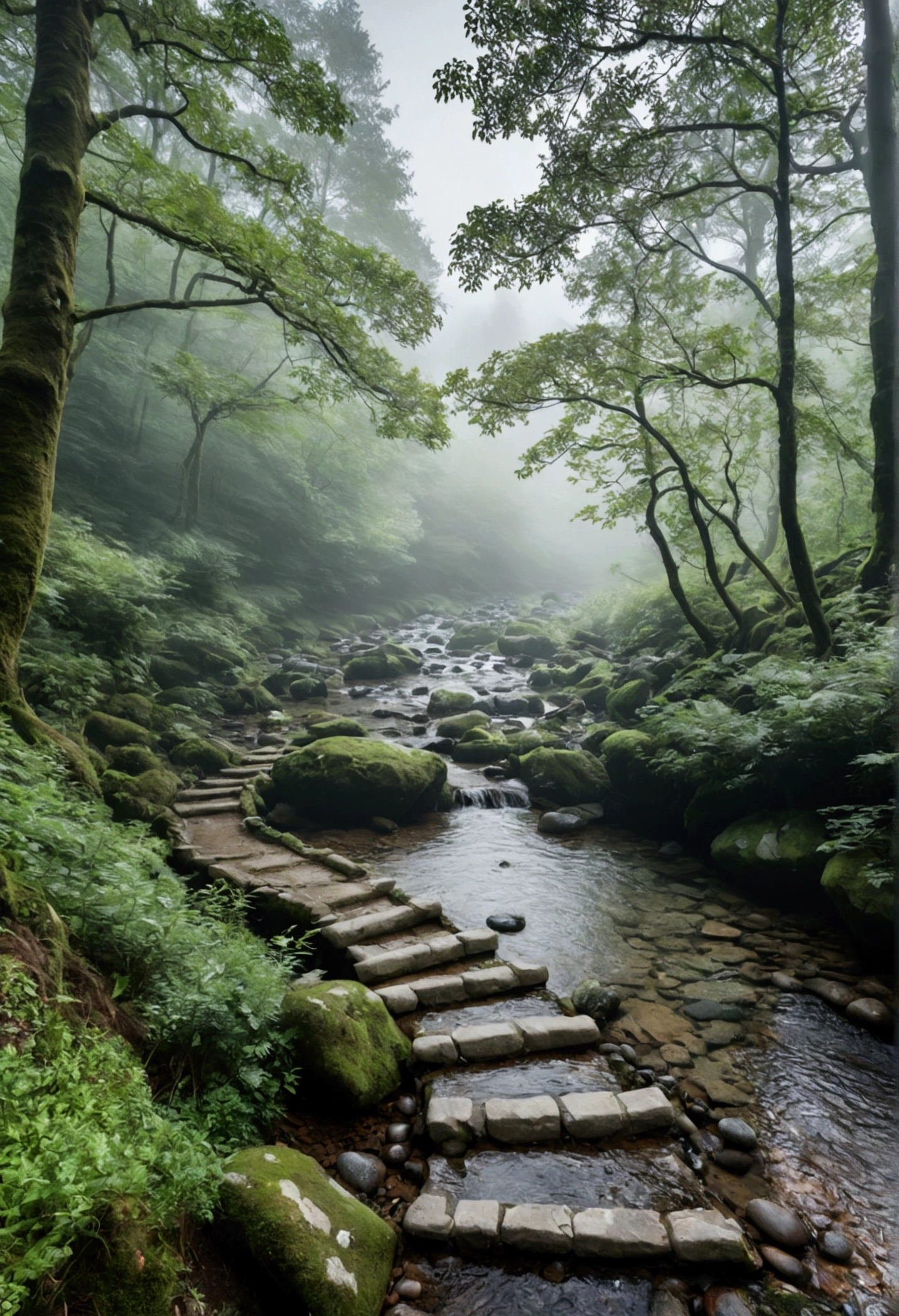 Mountain stream in primeval forest,Clouds and mist,Horizontal shot on an ancient stone path with guardrails,The water is clear and you can see many small pebbles,Very fresh and natural,Emerald green, clear gray tone,The Rule of Thirds,Maximum resolution,All the details can be seen clearly,4K