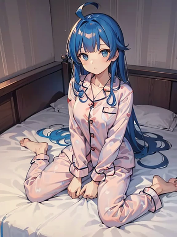 best quality, masterpiece, (medium breasts:1.3), solo, from above, pov, barefoot, ((sit on the bed:1.3)), ((bedroom:1.3)), ((looking at viewer))), (pajamas long sleeve long hem pajamas:1.5),anna yanami, medium hair, blue eyes, ahoge, blue hair,figure
