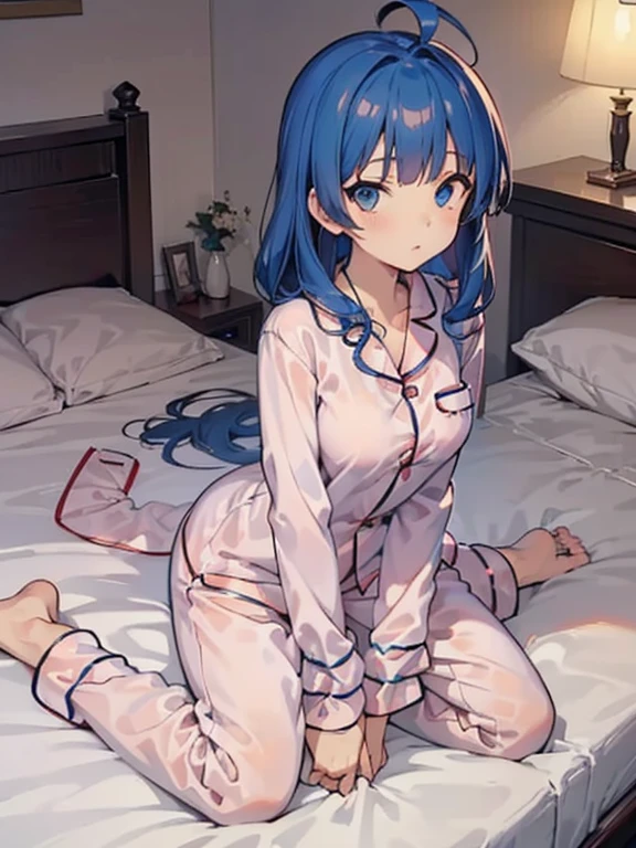 best quality, masterpiece, (medium breasts:1.3), solo, from above, pov, barefoot, ((sit on the bed:1.3)), ((bedroom:1.3)), ((looking at viewer))), (pajamas long sleeve long hem pajamas:1.5),anna yanami, medium hair, blue eyes, ahoge, blue hair,figure