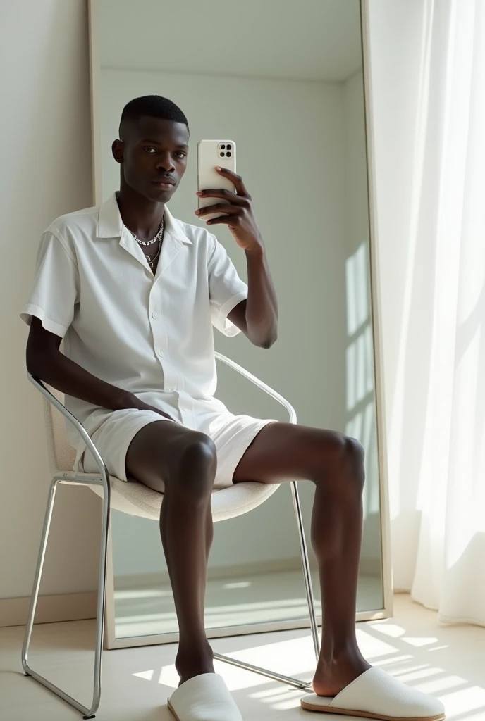best qualityer:1.4), (ultra high resolution:1.2), (photorrealistic:1.4), (8k, CRU photo:1.2), a thin young man of 20 years old, skin black, with a smooth, beardless face, corte de cabelo buzzcut, is wearing a white short sleeve button down shirt, he is wearing white shorts. He is wearing a white cloud slipper. is wearing a thin silver chain, is sitting on a chair in front of the mirror to take a photo. The cell phone is an iPhone with a white case. 