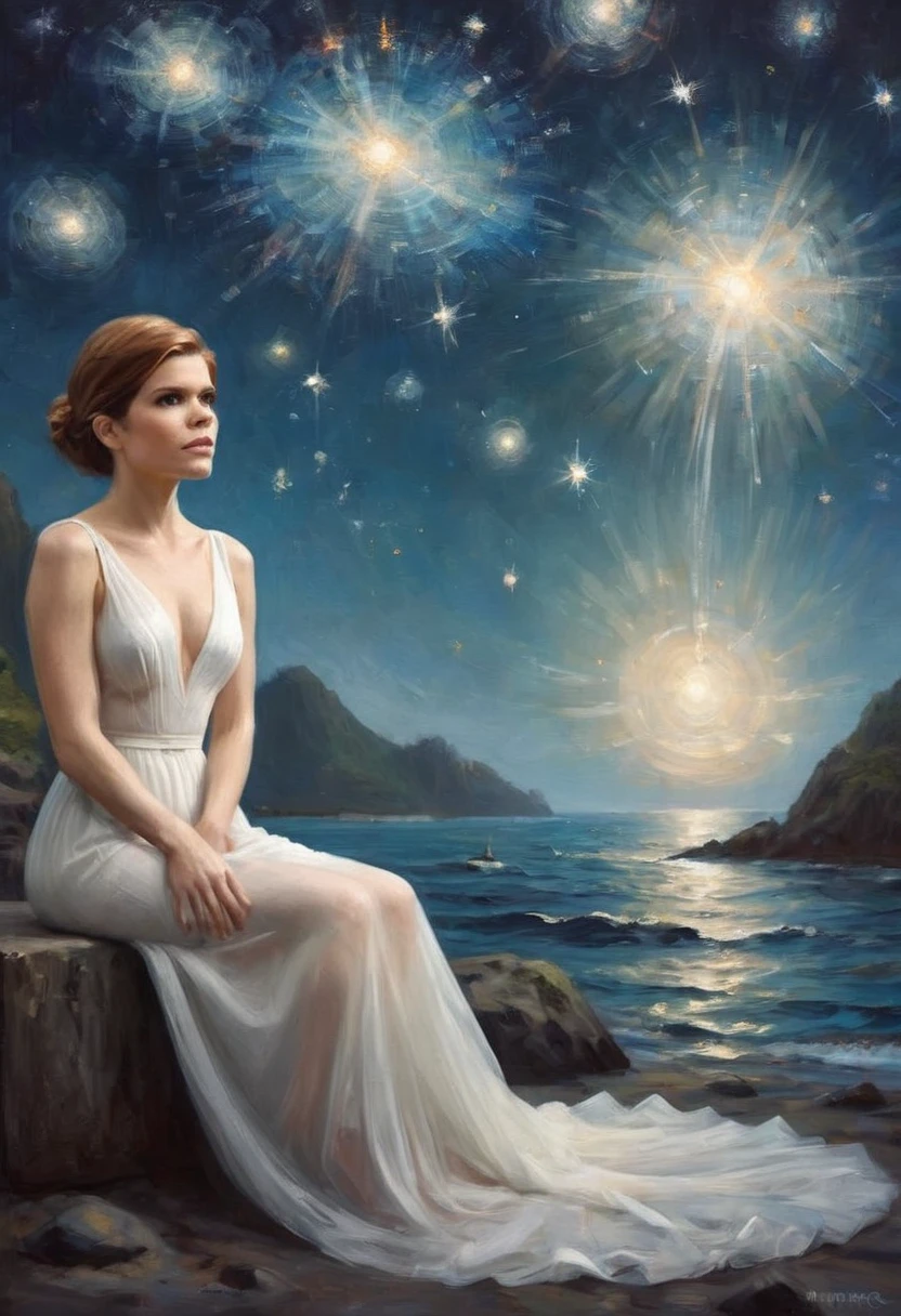 Kate Mara (age 25, airy sheer white elegant gown), camera low looking up at her butt and a starry sky, a few tiny space ships fly across the sky, lush ocean world
