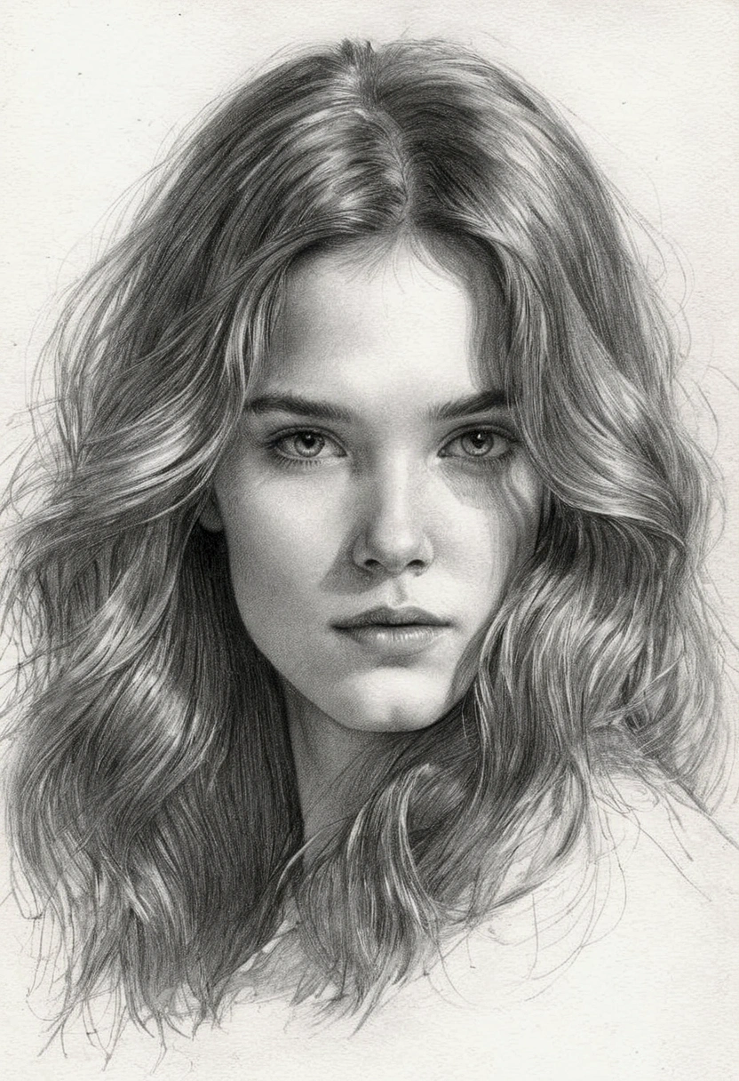 A delicate, graphite sketch portrays, a beautiful Olivier Newton John, without background, her features rendered in subtle shading and precise lines. The framing is tight, focusing attention on the subject's serene face. Soft, feathery strokes convey the gentle texture of her hair,