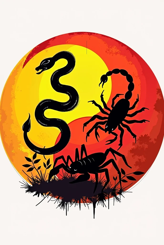Logo image ,round-cropped , red and yellow , with shadows of three animals a snake a spider and a scorpion