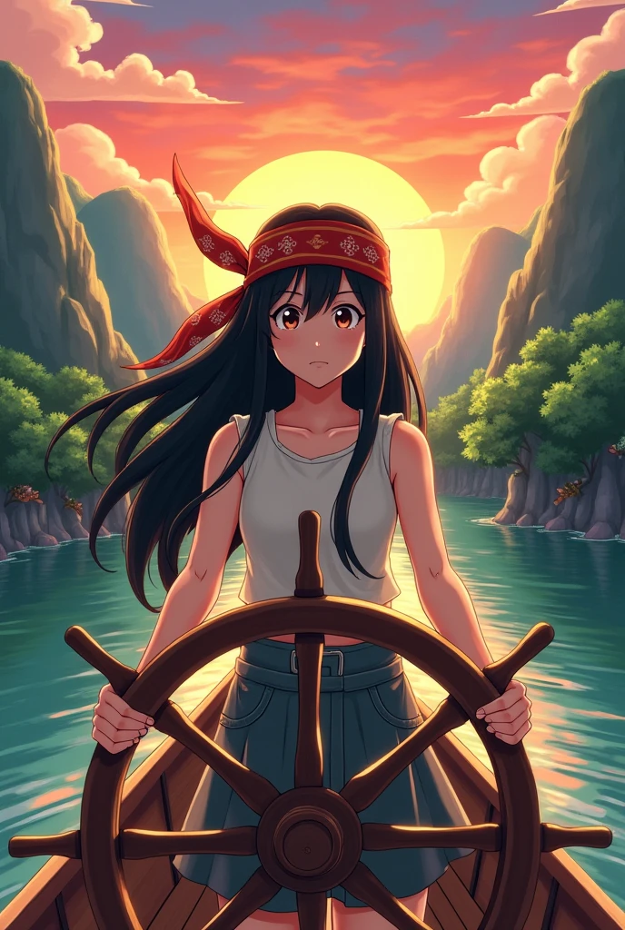 Japanese female explorer、Japanese anime style、On the boat