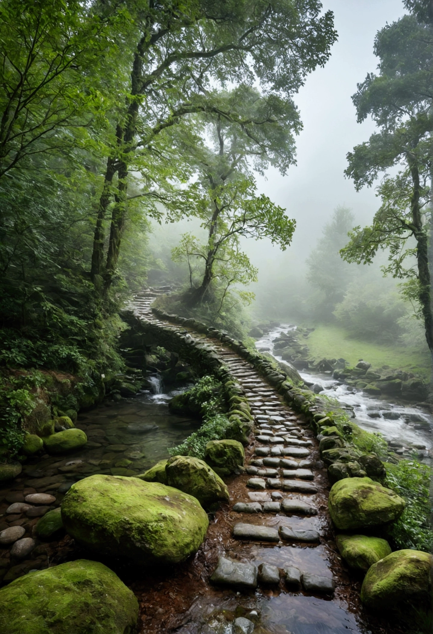 Mountain stream in primeval forest,Clouds and mist,Vertical shot of an ancient stone path with guardrails,The water is clear and you can see many small pebbles,Very fresh and natural,Emerald green, clear gray tone,The Rule of Thirds,Maximum resolution,All the details can be seen clearly,4K